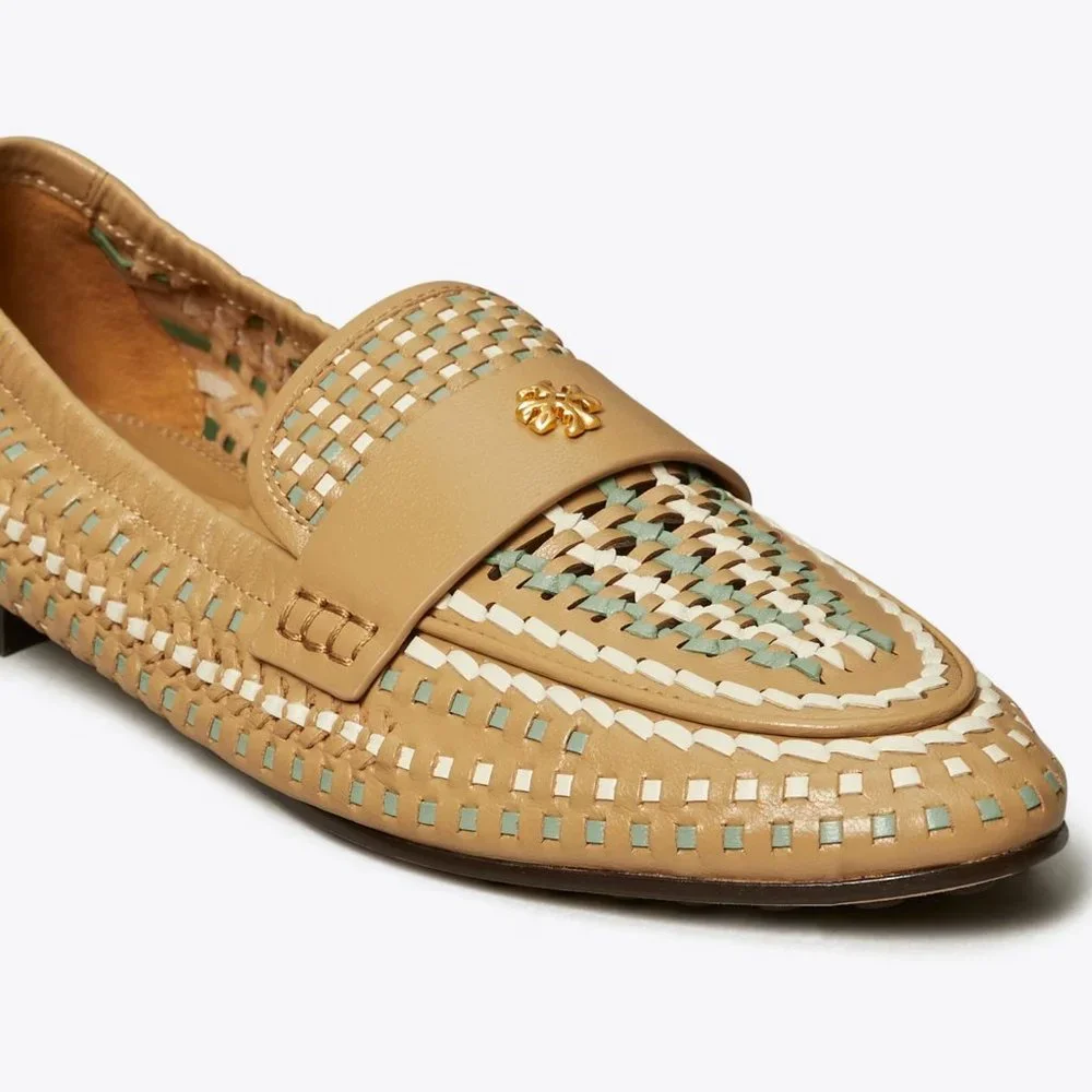 Tory Burch $348 Woven Ballet Loafer Flats Tan Blue SUPER COMFY!